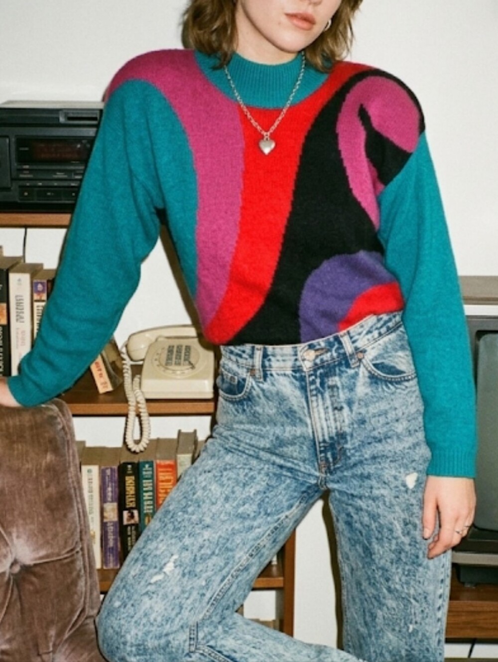 Vintage Jeremy Scott Teal and Pink Swirl Turtleneck Sweater Silk And Angora